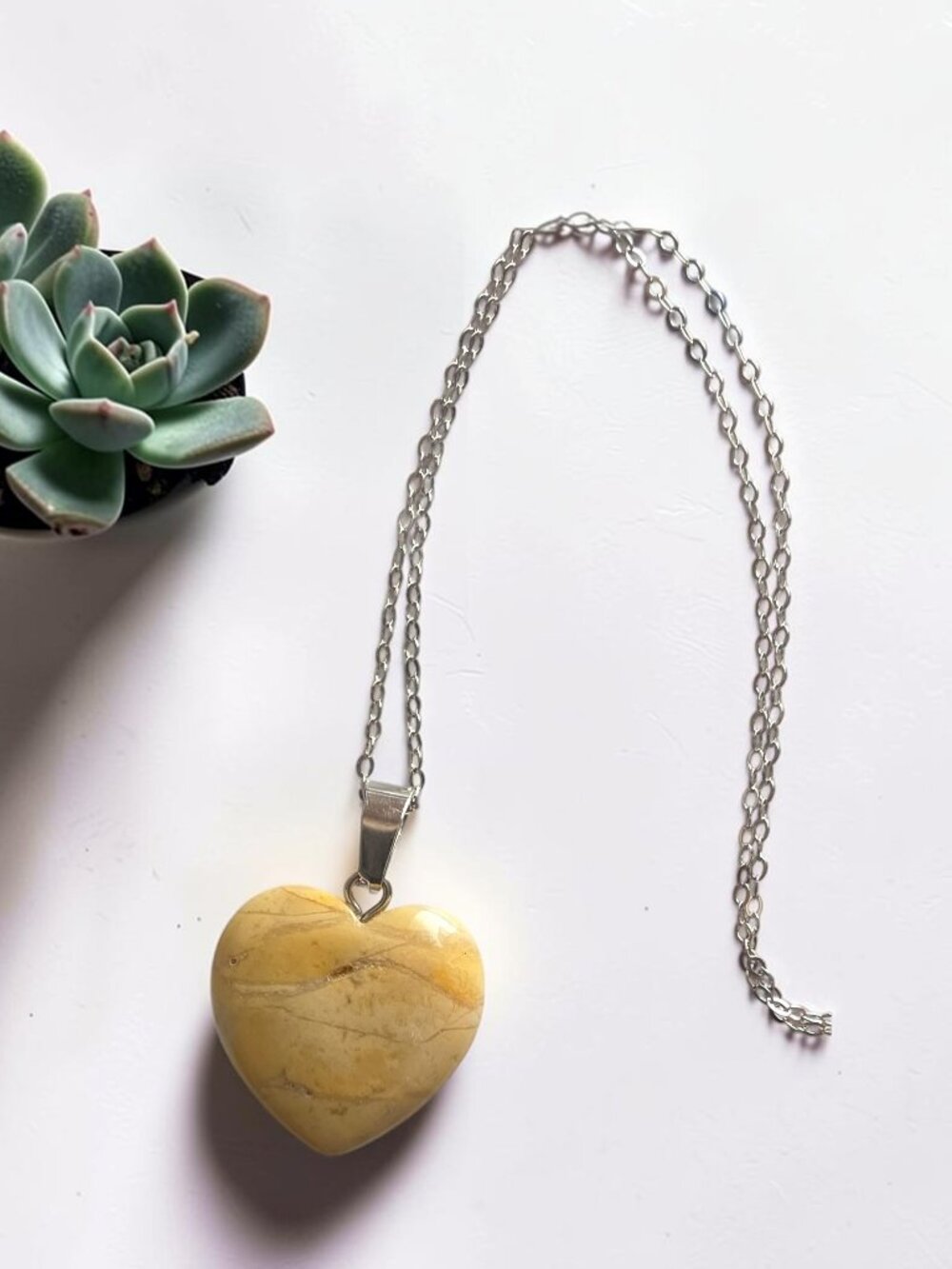 Yellow Jade Heart with Sterling Silver Chain Necklace - New